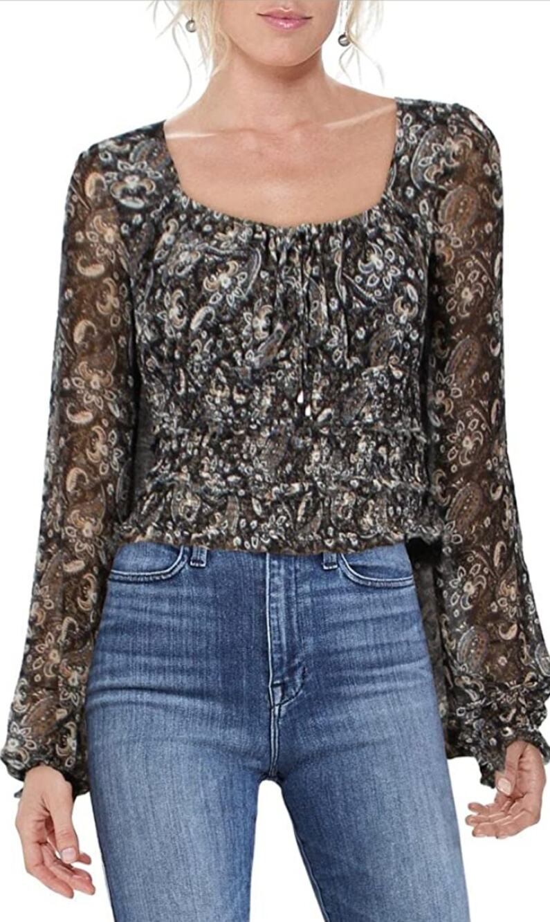 FREE PEOPLE Black Combo Paisley Lolita Square Neck Long Sleeve Peasant Top S